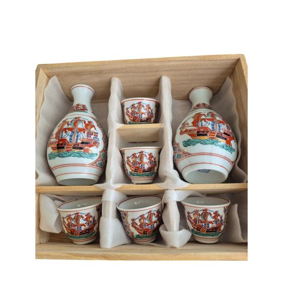 Vtg Arita Ware Imari Porcelain Japanese Nishiki Holland Ship Sake Set 7 Piece - Picture 1 of 8